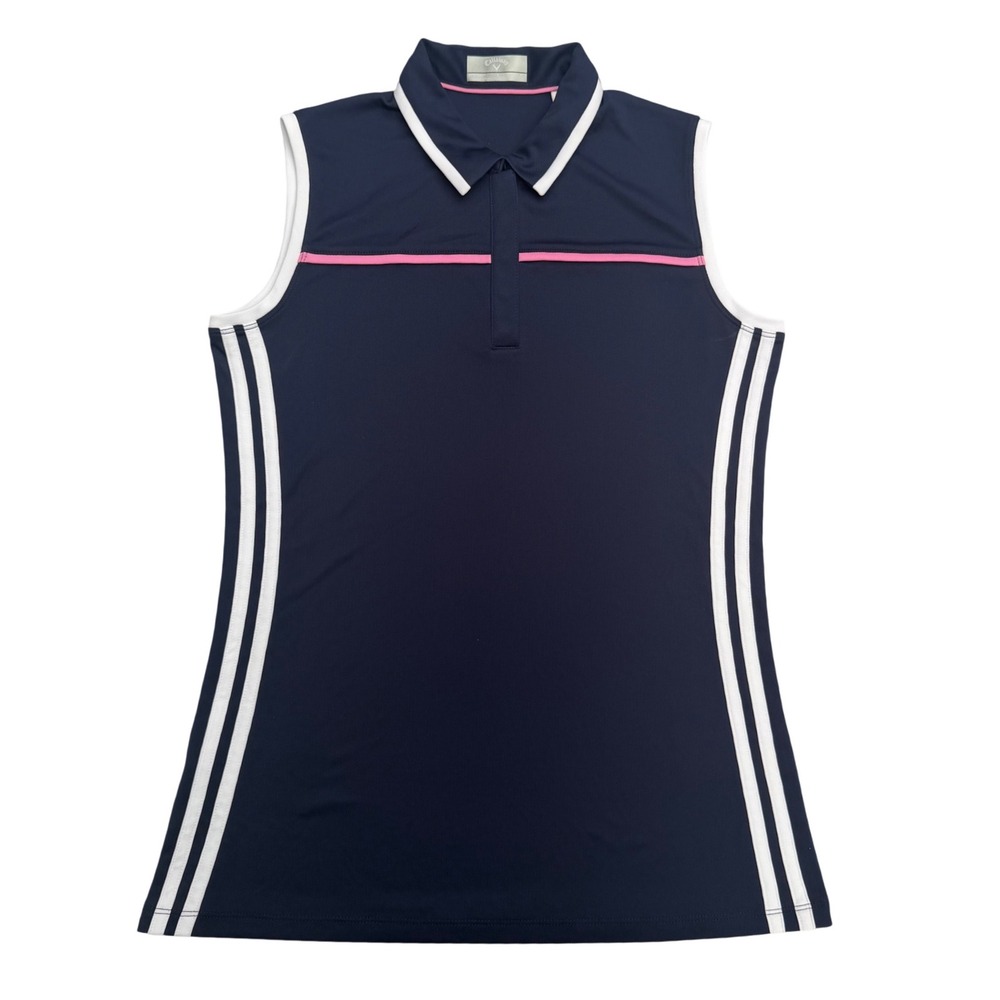 Callaway Sleeveless Polo Opti-Dri Navy Pink Stripe Golfcore Sporty Preppy Top S